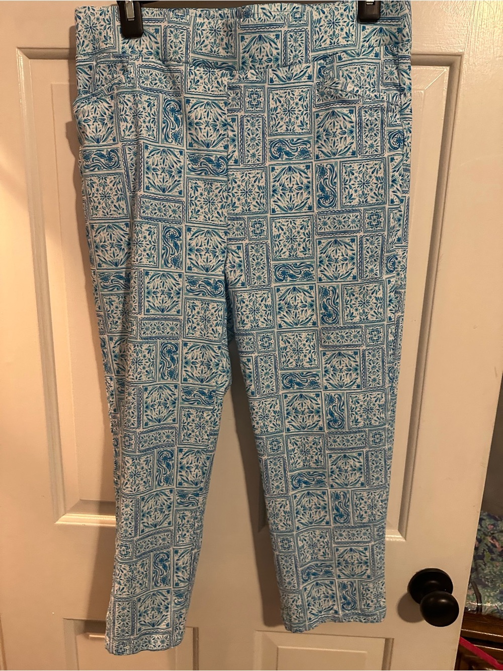 Cropped Tile-Print Ankle Pants in Blue and White